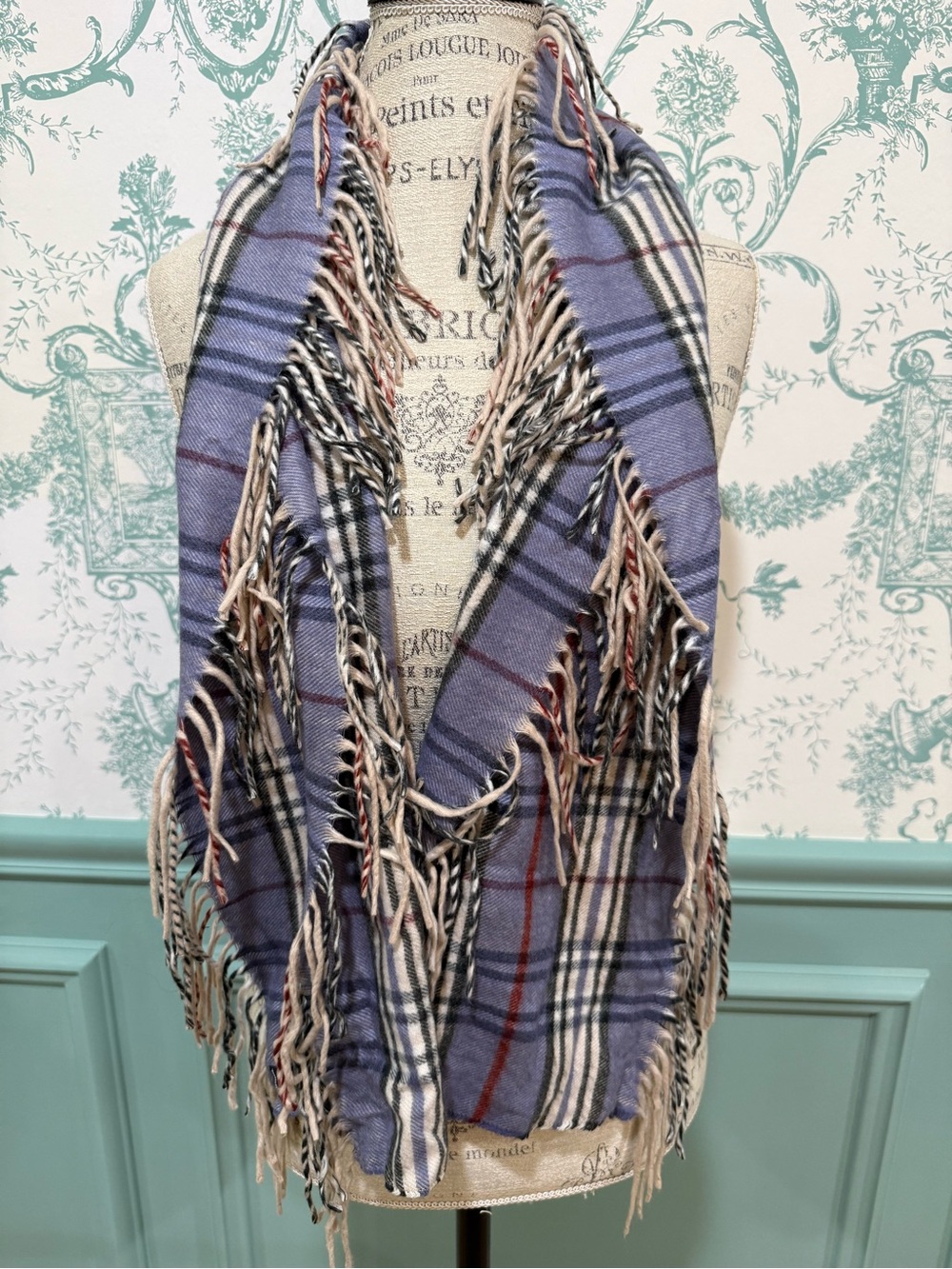 V. Fraas Cashmink Purple Cream Black Plaid Soft Scarf with Fringe - Size O/S